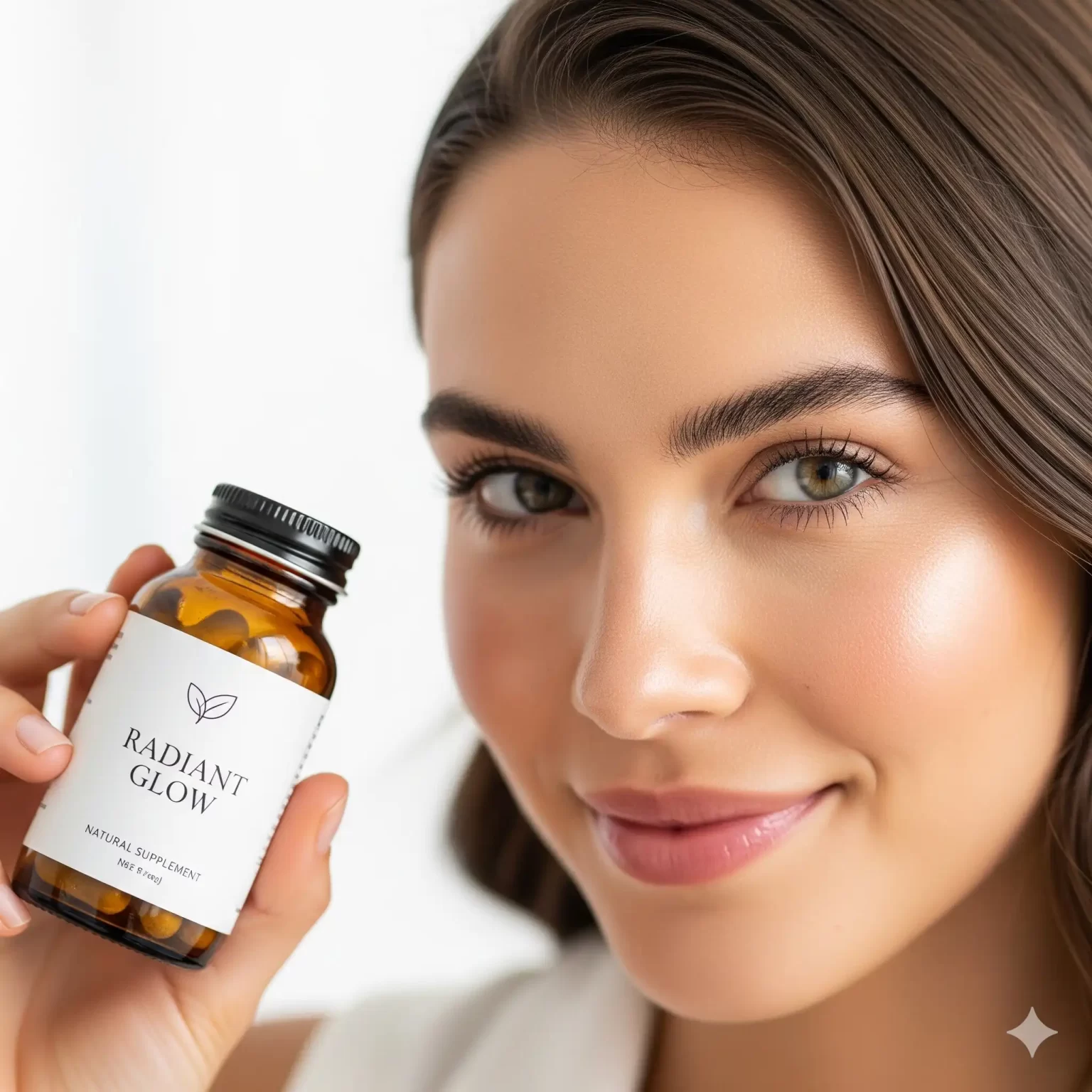 Linda mujer mostrando un rostro radiante sosteniendo una de las vitaminas que le ayudan a tener una excelente salud