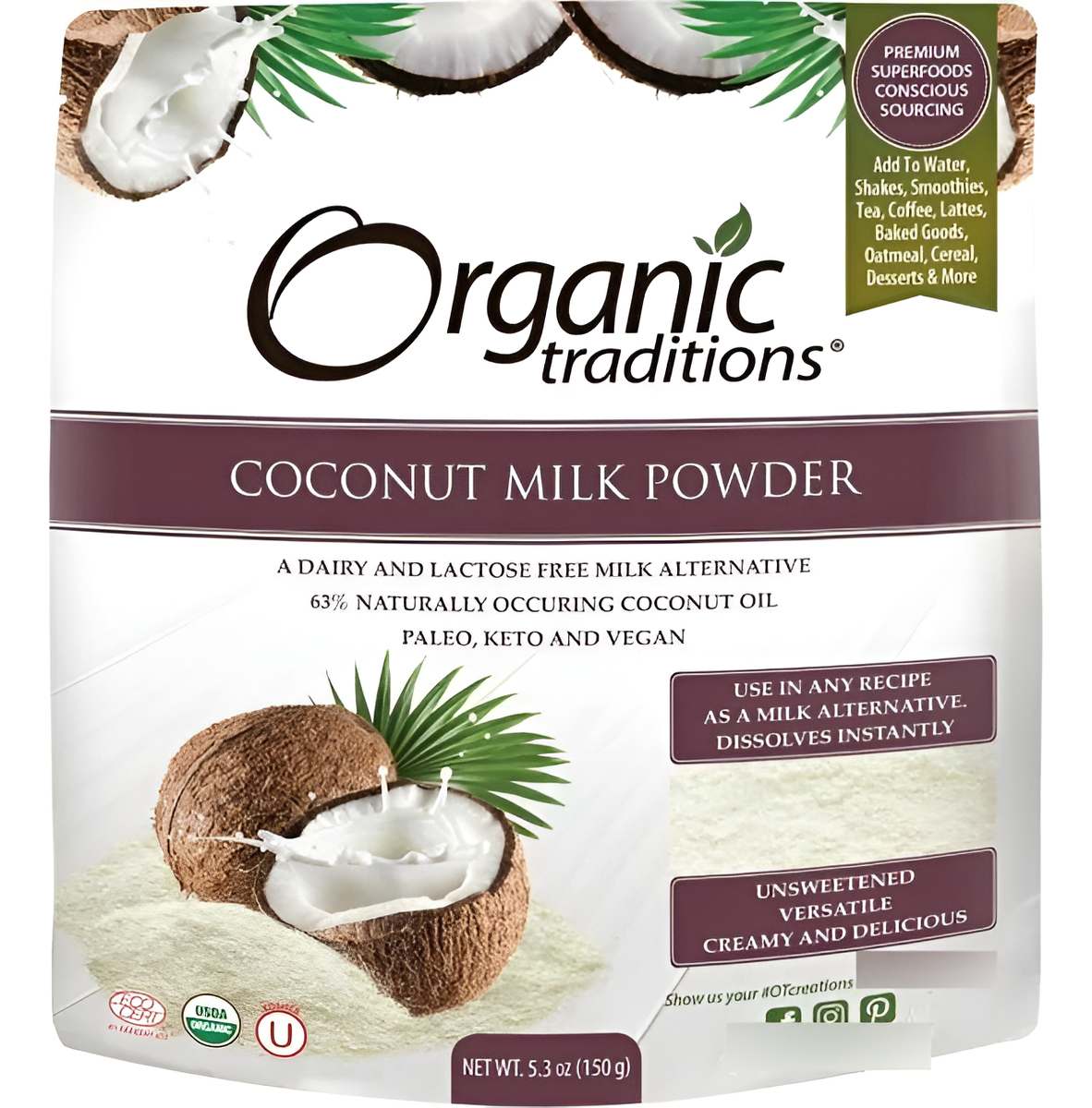 Leche Pura De Coco En Polvo Organica Deshidratada 5.3 Oz