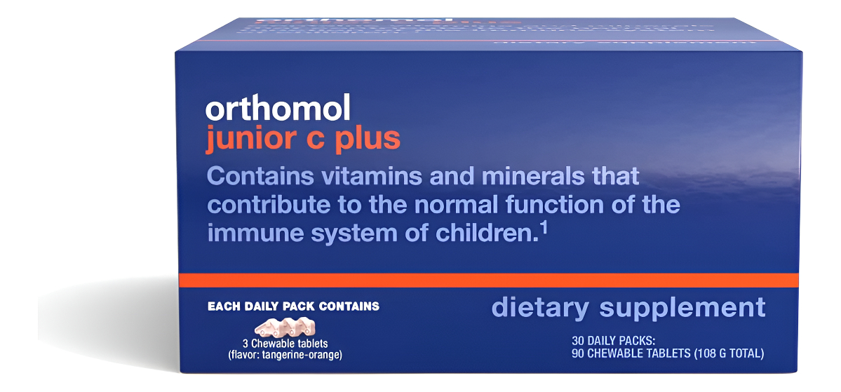 Orthomol Immun Junior C Plus, Multivitamínico Para Niños, Sabor A Mandarina, Suministro Para 30 Días