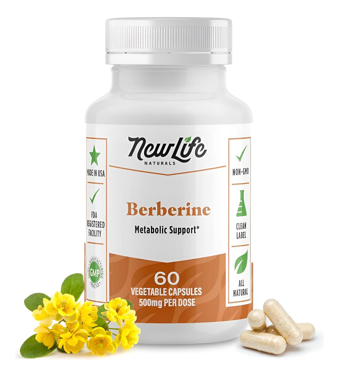 Newlife Naturals Suplemento Prémium De Berberina Hcl 500 Mg, 60 Cápsulas Vegetales