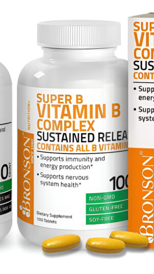 Bronson Complejo De Vitamina B Super B De Liberación Lenta Sostenida + Vitamina A 10,000 Ui Fórmula Premium Sin Omg