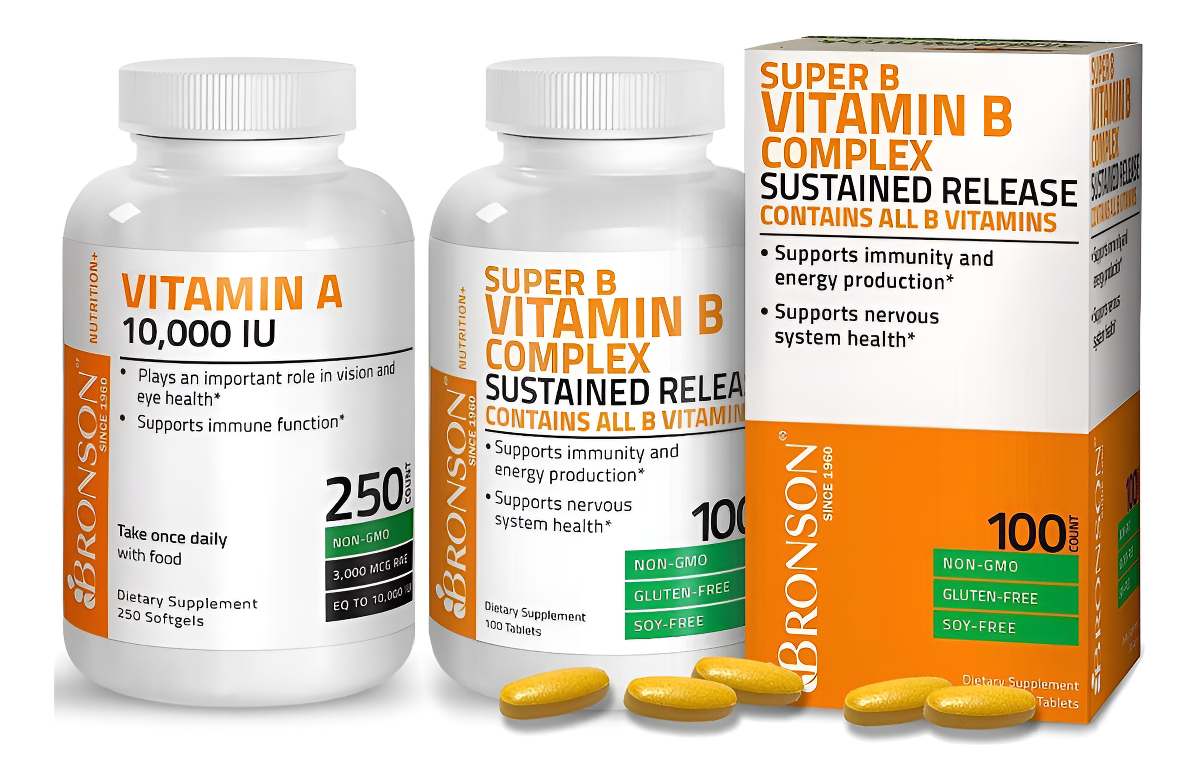 Bronson Complejo De Vitamina B Super B De Liberación Lenta Sostenida + Vitamina A 10,000 Ui Fórmula Premium Sin Omg