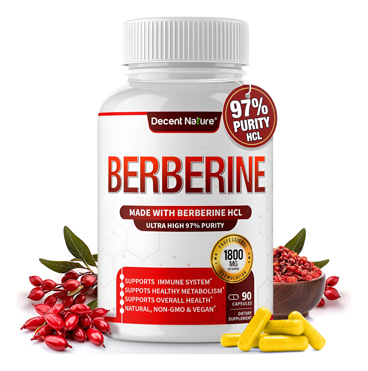 Suplemento De Berberina De 1800 Mg Berberina Hcl De Primera Calidad 97% Berberina De Alta Pureza Plus, Apoya El Siste