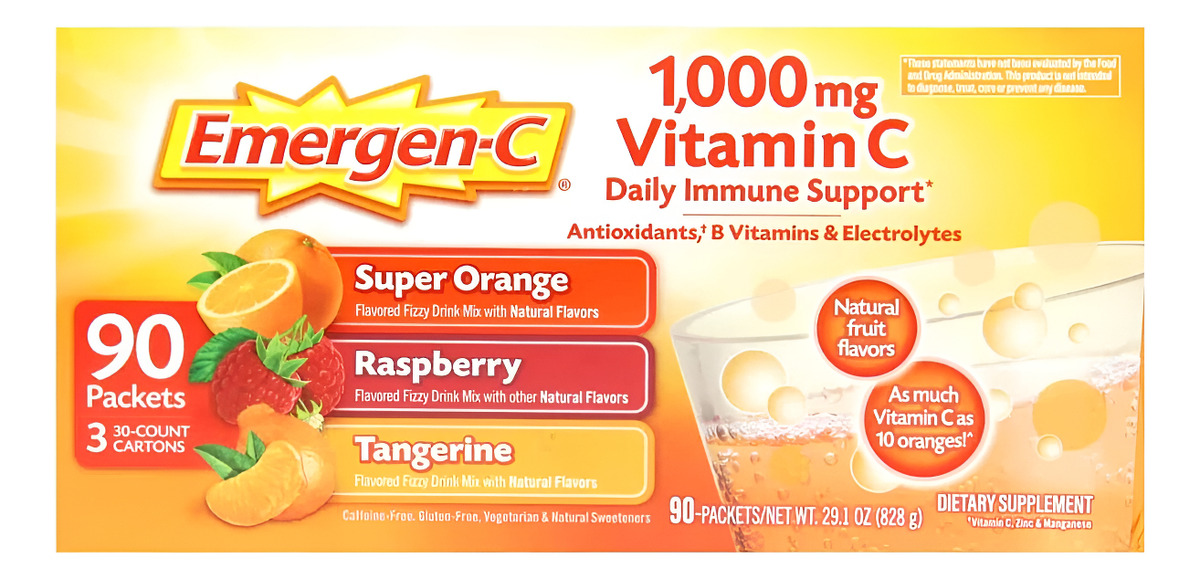 Emergen-c Vitamina C 1000 Mg Bebida Vitamínica Efervescente En Polvo, 30 Sobres, Paquete De 3