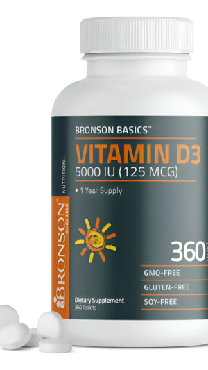 Vitamina D3 Bronson 5000 Ui (125 Mcg) Función Muscular Saludable Y Apoyo Inmunológico, Sin Ogm, 360 Comprimidos