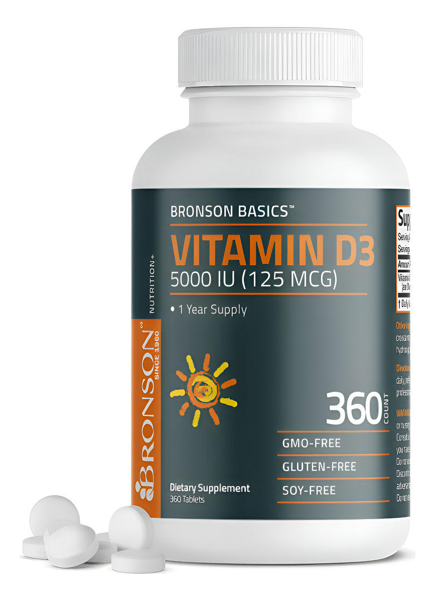 Vitamina D3 Bronson 5000 Ui (125 Mcg) Función Muscular Saludable Y Apoyo Inmunológico, Sin Ogm, 360 Comprimidos