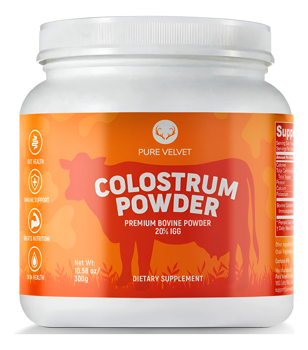 Pure Velvet Polvo De Calostro Para La Salud Intestinal, Proteína De Origen Bovino, 300 Gr.