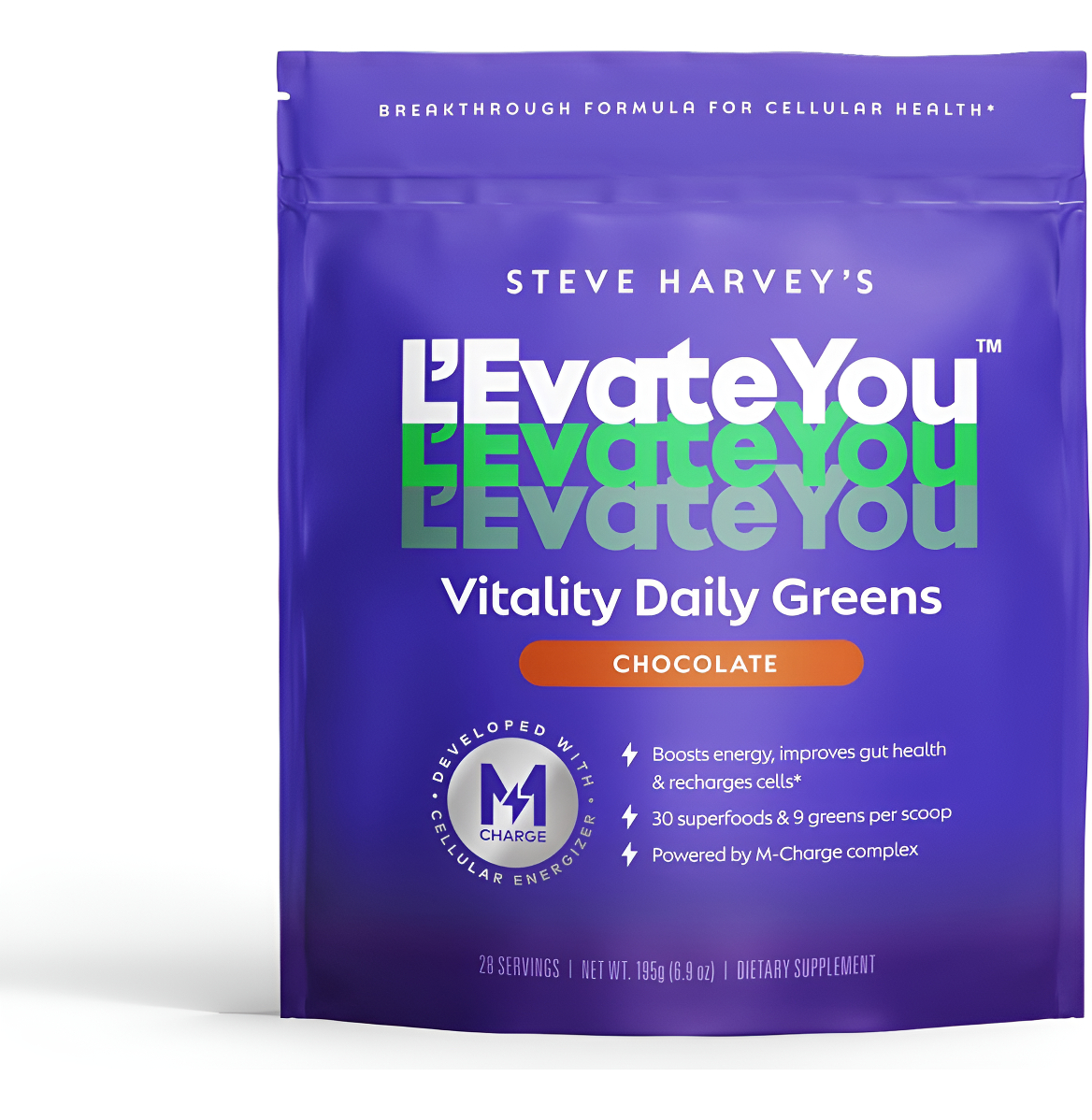 Steve Harvey's L'evate You Vitality Daily Greens En Polvo, Chocolate (28 Porciones), 30 Superalimentos, 9 Verduras, Par