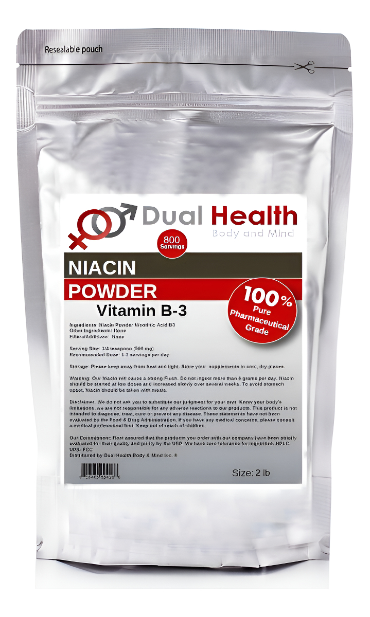 Dual Health Body & Mind Polvo De Ácido Nicotínico Y Niacina De 2 Libras (907,2 G) Vitamina B3 Micronizado Usp