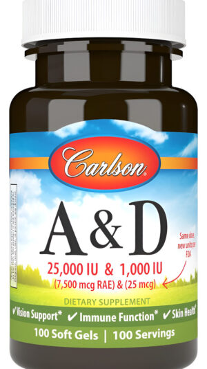 Carlson - A Y D, 25000 Ui (7500 Mcg Rae) Vitamina A, 1000 Ui (25 Mcg) De Vitamina D 100 Cápsulas Blandas