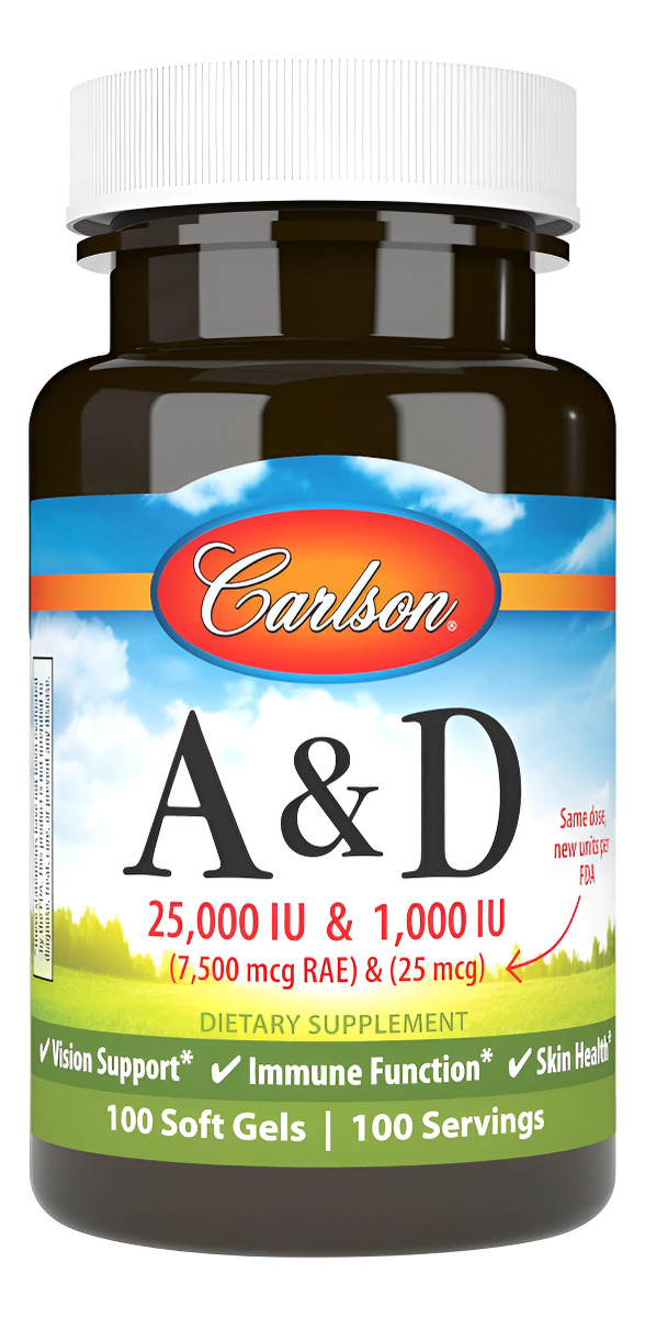 Carlson - A Y D, 25000 Ui (7500 Mcg Rae) Vitamina A, 1000 Ui (25 Mcg) De Vitamina D 100 Cápsulas Blandas