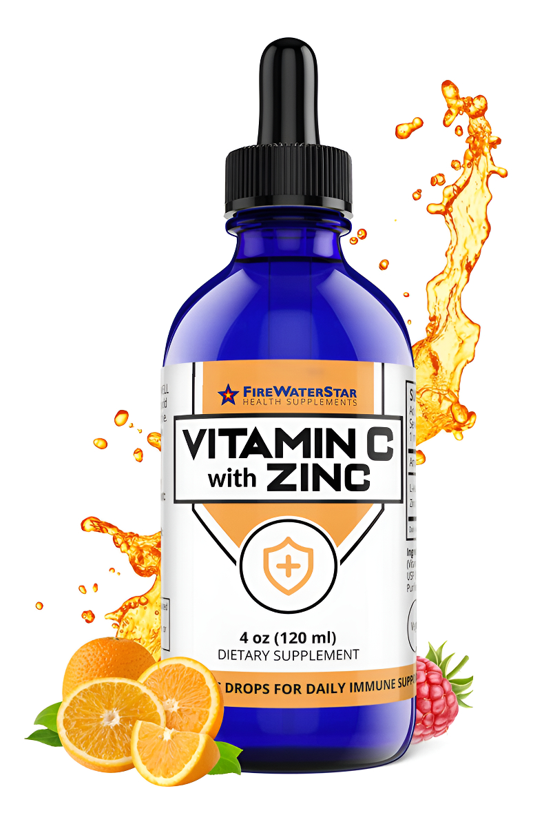 Firewaterstar Health Vitamina C Gotas Líquidas Fáciles + Ácido Ascórbico Bioactivo + Sulfato De Zinc 4 Oz
