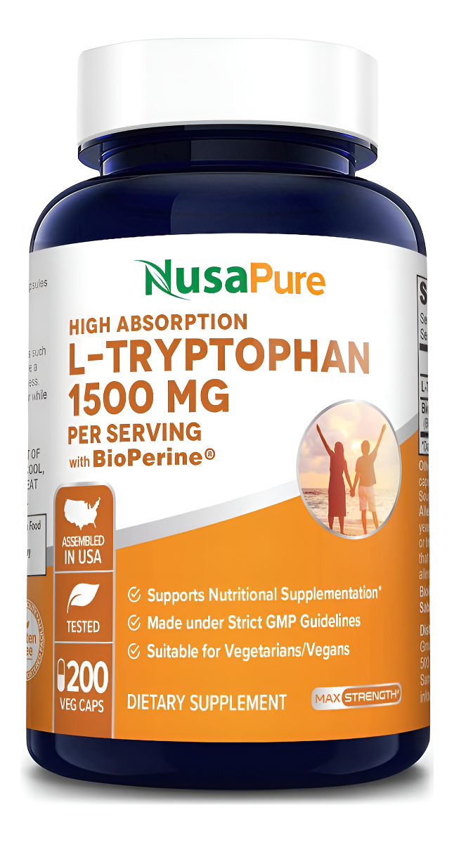 Nusapure L-triptófano 1500mg 200 Cápsulas Vegetarianas (sin Omg, Sin Gluten) Bioperine