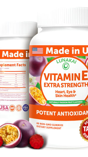 Lunakai 60 Gomitas De Vitamina E De 400 Ui Con Vitamina C, Suplemento Delicioso, Vegano, Sin Omg