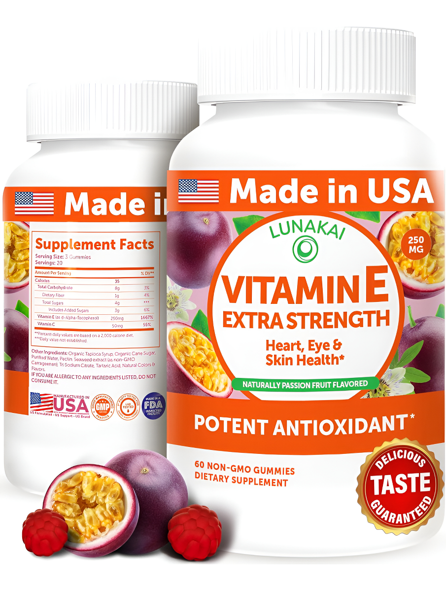 Lunakai 60 Gomitas De Vitamina E De 400 Ui Con Vitamina C, Suplemento Delicioso, Vegano, Sin Omg
