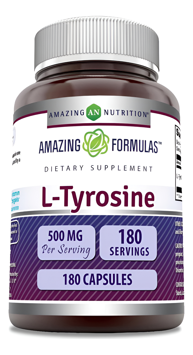 Amazing Formulas L-tirosina, 180 Cápsulas De 500 Mg | Suplemento De Aminoácidos | Sin Omg | Sin Gluten |