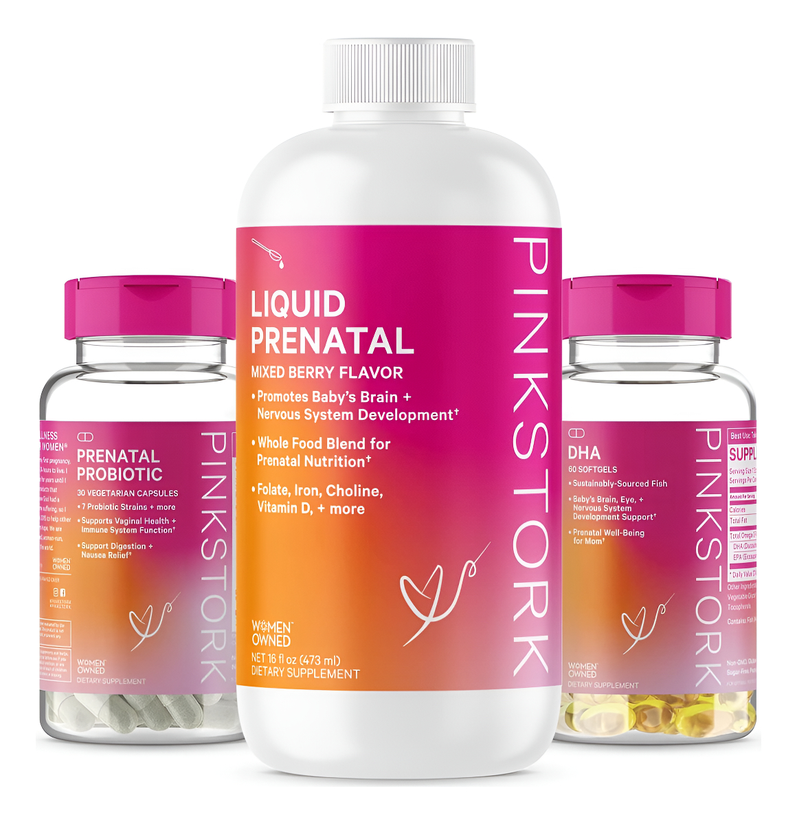 Pink Stork Paquete De Vitamina Prenatal Líquida Con Dha Y Ácido Fólico + Dha + Probióticos Prenatales Para Mujeres