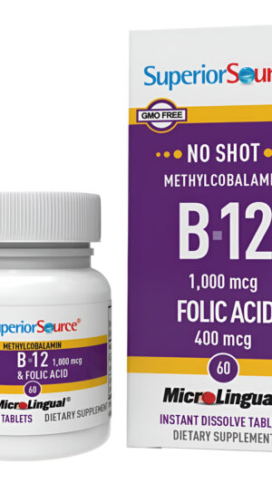Superior Source No Shot Vitamina B12 Metilcobalamina (1000 Mcg), Ácido Fólico, 60 Tabletas Microlingües