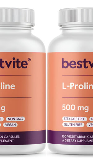 Bestvite L-prolina 500mg, 120 Cápsulas Vegetarianas - Sin Estearatos - Sin Rellenos - Paquete De 2