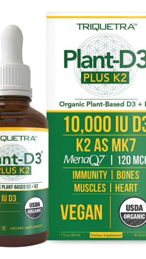 Triquetra Health Organic Plant D3 + K2 - 10,000 Iu D3 - All-trans Mk7 De Menaq7 (120 Mcg K2) - Gotas D3 Sublinguales