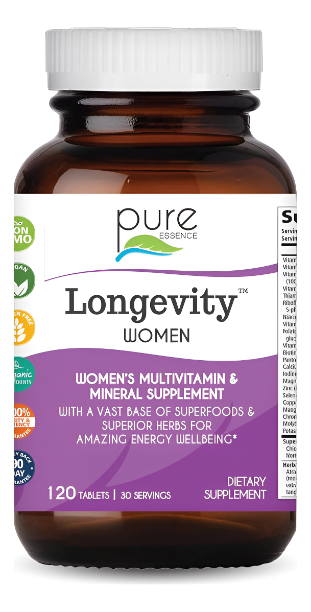 Pure Essence Longevity - Multivitamínico Para Mujeres Mayores De 40 Años, Vitaminas Con Superalimentos, Alimentos Integ