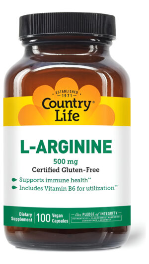 Country Life Suplemento De L-arginina Con Vitamina B6, 100 Cápsulas Veganas