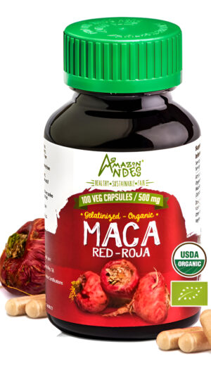 Amazon Andes - Cápsulas De Raíz De Maca Roja Gelatinizada, 100 X 500 Mg - Pastillas Veganas - Suplemento Orgánico Usda
