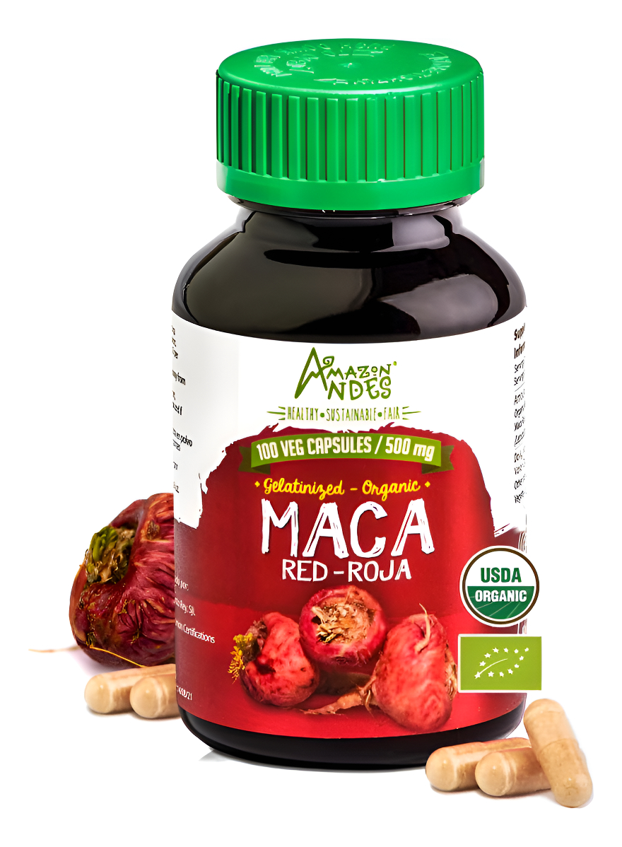 Amazon Andes - Cápsulas De Raíz De Maca Roja Gelatinizada, 100 X 500 Mg - Pastillas Veganas - Suplemento Orgánico Usda