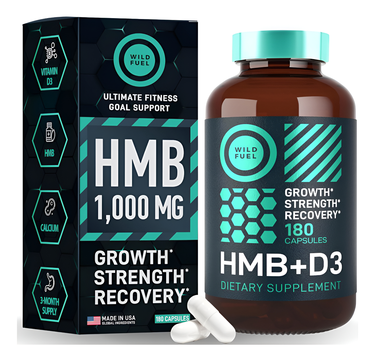 Wild Fuel Suplemento De Hmb Y Vitamina D3 - 1,000 Mg De Apoyo Físico - 3 Meses 180 Cápsulas