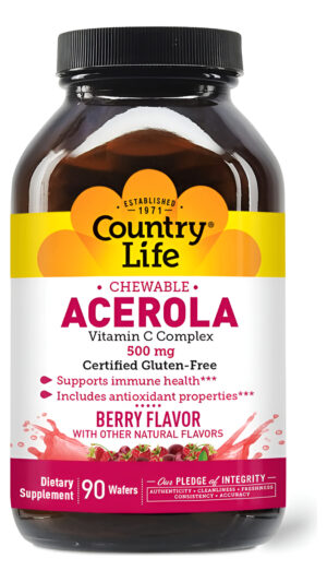 Country Life Acerola 500 Mg De Complejo De Vitamina C Masticable, Sin Gluten, 90 Obleas