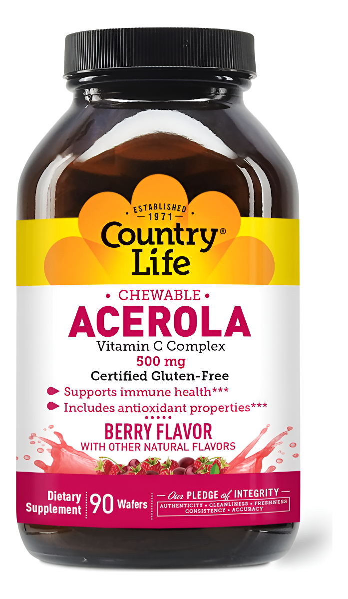Country Life Acerola 500 Mg De Complejo De Vitamina C Masticable, Sin Gluten, 90 Obleas
