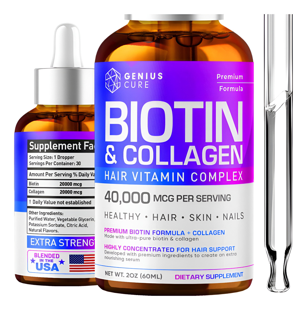 Genius Cure Genius Biotina Y Colágeno Gotas De Apoyo Para El Crecimiento Del Cabello 2 Fl. Oz.