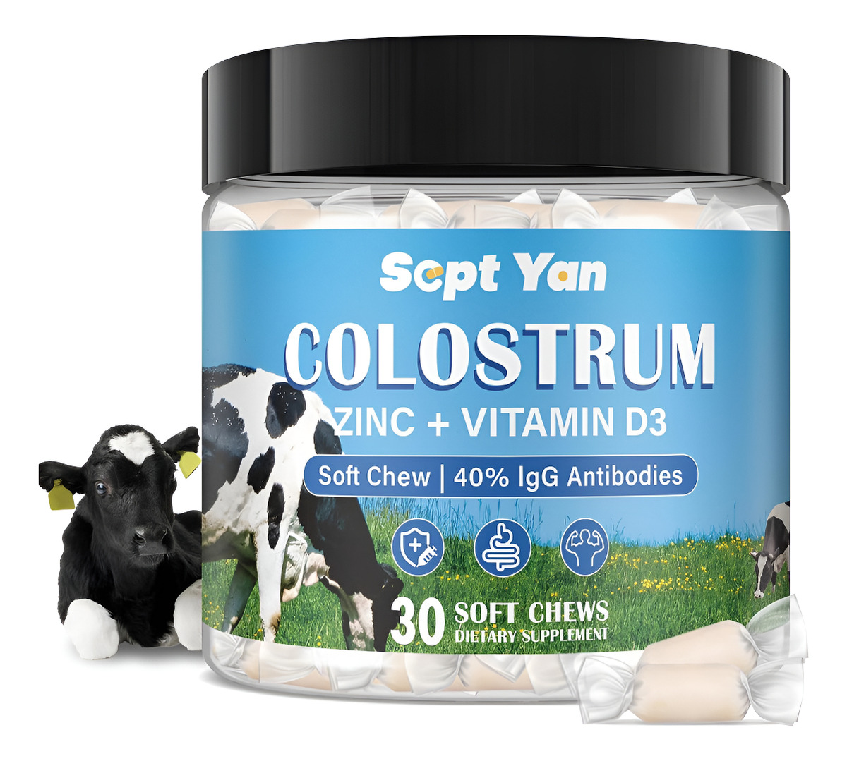Suplemento Masticable Suave De Calostro (3000 Mg + 40% De Igg), Superalimento Concentrado De Calostro Bovino Más Vitami