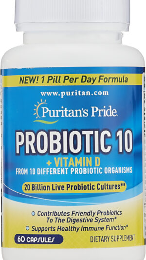 Puritan's Pride Probiótico 10 Con Vitamina D Para Ayudar A Apoyar La Salud Del Sistema Inmunológico, Cápsula, 60 Unidad