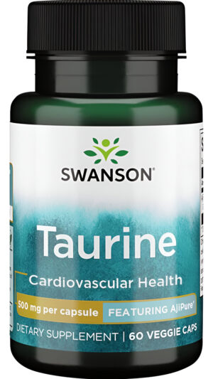 Swanson Taurina Grado Farmacéutico Con Ajipure, Salud Cardiovascular, 500 Mg 60 Cápsulas Vegetales