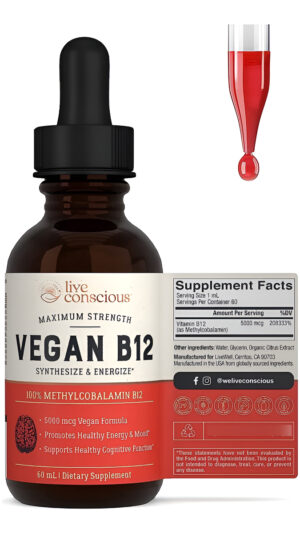 Live Conscious Livewell Gotas Líquidas Sublinguales Veganas De Vitamina B12 Fórmula De Metilcobalamina De 5000 Mcg