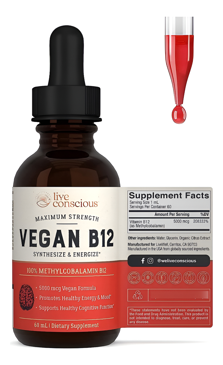 Live Conscious Livewell Gotas Líquidas Sublinguales Veganas De Vitamina B12 Fórmula De Metilcobalamina De 5000 Mcg
