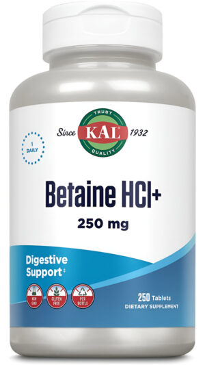 Kal Betaína Hcl Con Pepsina, Suplemento De Salud Digestiva Con 250 Mg De Clorhidrato De Betaína Más 130 Mg De Pepsina,