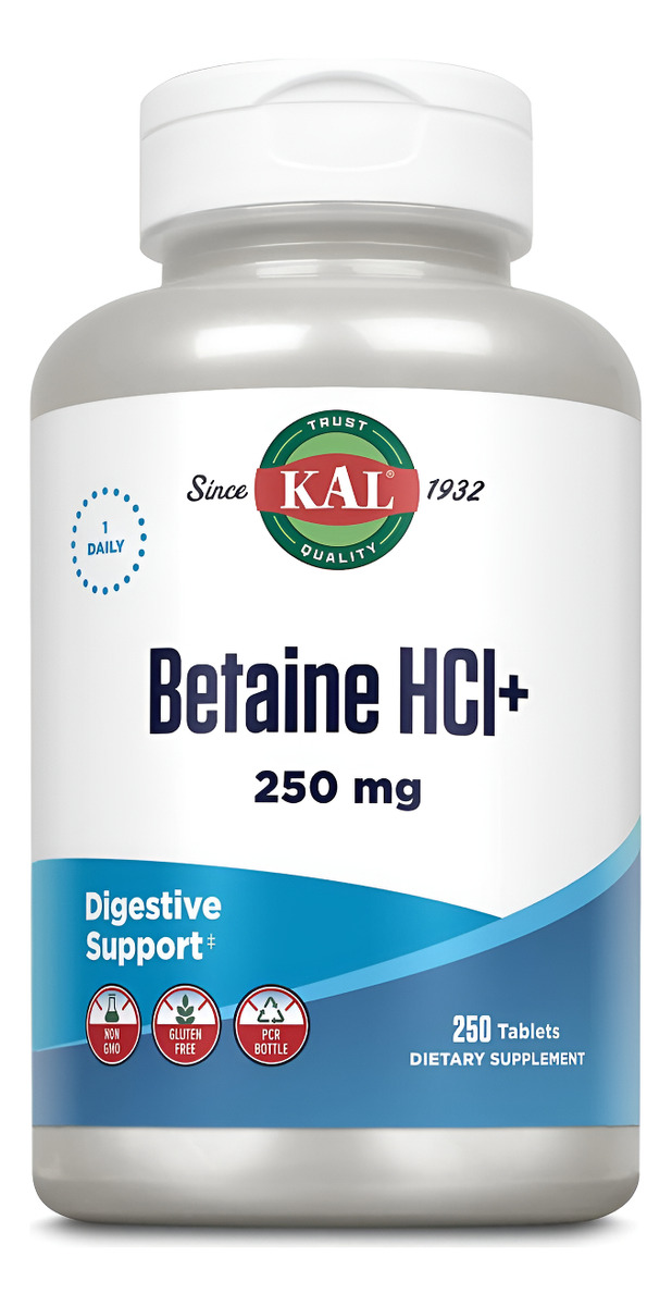 Kal Betaína Hcl Con Pepsina, Suplemento De Salud Digestiva Con 250 Mg De Clorhidrato De Betaína Más 130 Mg De Pepsina,