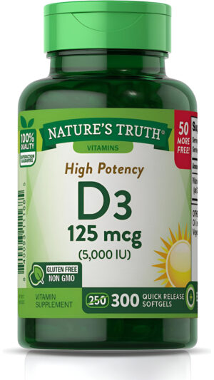 Nature's Truth Vitamina D3 5000 Ui (125 Mcg) | 300 Cápsulas Blandas | Vitamina D De Alta Potencia |