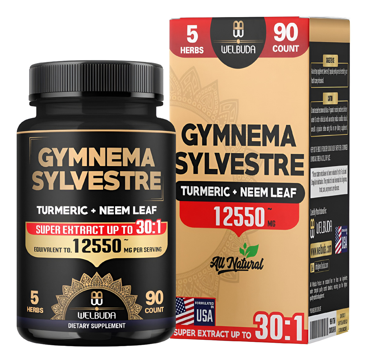 Gymnema Sylvestre Extract 30:1 - Equivalente A 12550 Mg De Apoyo Saludable Para El Cuerpo - Combinado Con Cúrcuma, Hoja