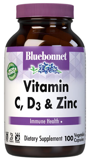 Bluebonnet Nutrición Vitamina C, D3 Y Zinc, Para La Salud Inmunológica Y La Función Respiratoria, 100 Cápsulas Veganas