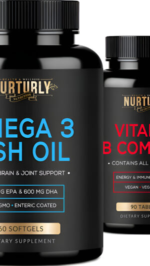 Nurturly Complejo De Vitamina B 90 Cápsulas Y Aceite De Pescado Omega 3 120 Cápsulas Pack De 2