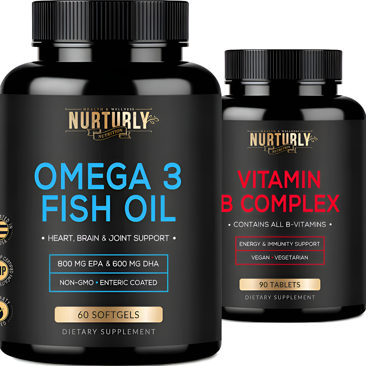 Nurturly Complejo De Vitamina B 90 Cápsulas Y Aceite De Pescado Omega 3 120 Cápsulas Pack De 2