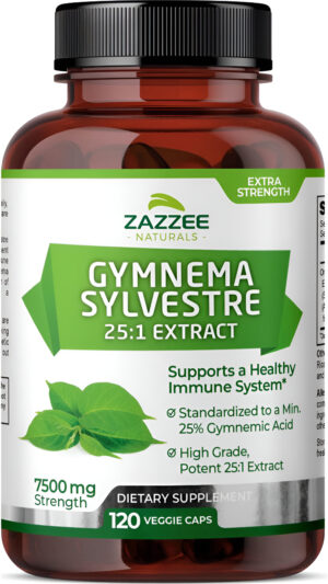 Zazzee Extracto Orgánico De Gymnema Sylvestre 25:1, 7500 Mg De Fuerza, 25% De Ácido Gimnémico, 120 Cápsulas Veganas, Su