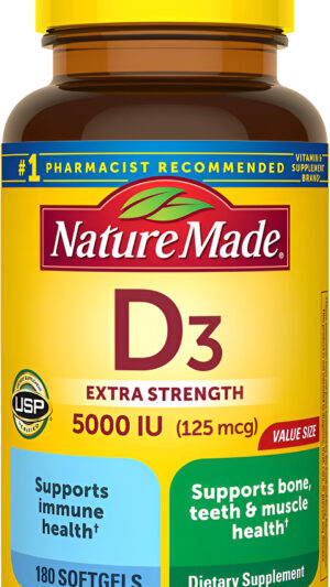 Nature Made Vitamina D3 Extra Fuerte 5000 Ui (125 Mcg) Suplemento Dietético 180 Cápsulas