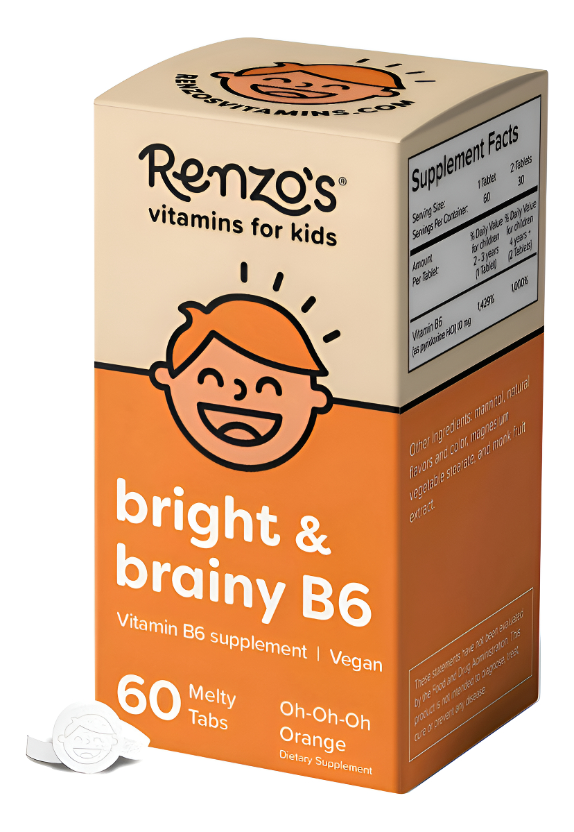 Renzo's Bright & Brainy B6, Vitaminas Veganas 60 Tabletas Solubles Para Niños