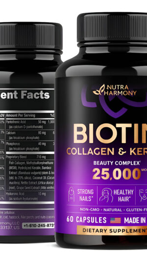 Nutraharmony Vitaminas De Biotina Con Colágeno Y Queratina, Suplemento Para El Crecimiento Del Cabello, 60 Cápsulas