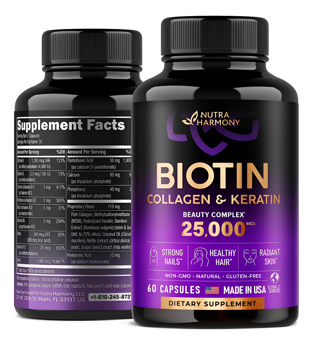 Nutraharmony Vitaminas De Biotina Con Colágeno Y Queratina, Suplemento Para El Crecimiento Del Cabello, 60 Cápsulas