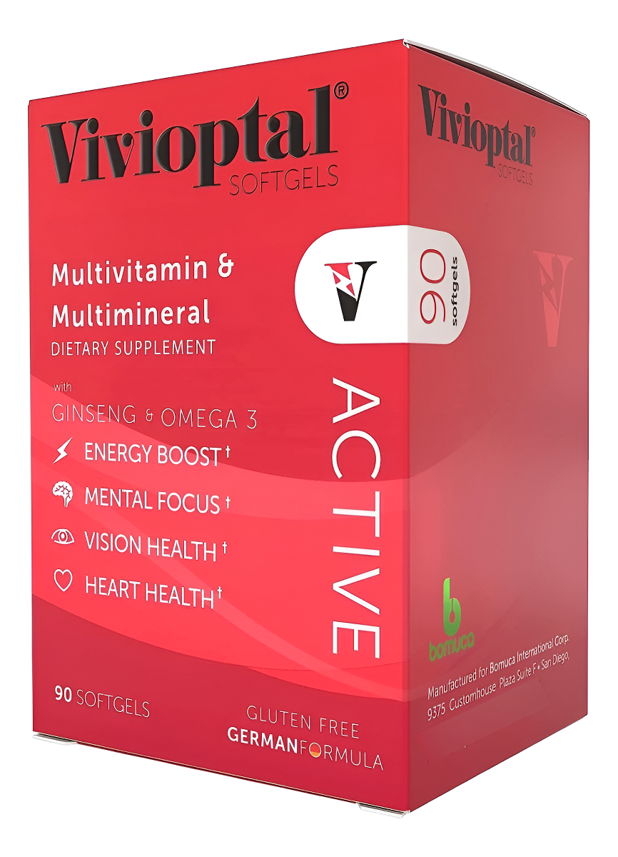 Vivioptal Active, 90 Cápsulas Blandas, Ginseng Y Omega 3, Multivitamínico Y Multimineral, Sin Gluten, Fórmula Alemana